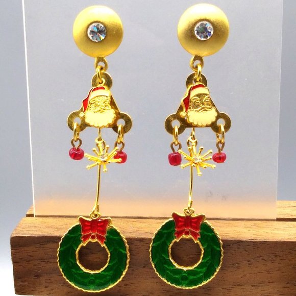 Fun Christams Shoulder Duster Earrings, Gold Tone Crystals Drop to Whimsical - Picture 1 of 3